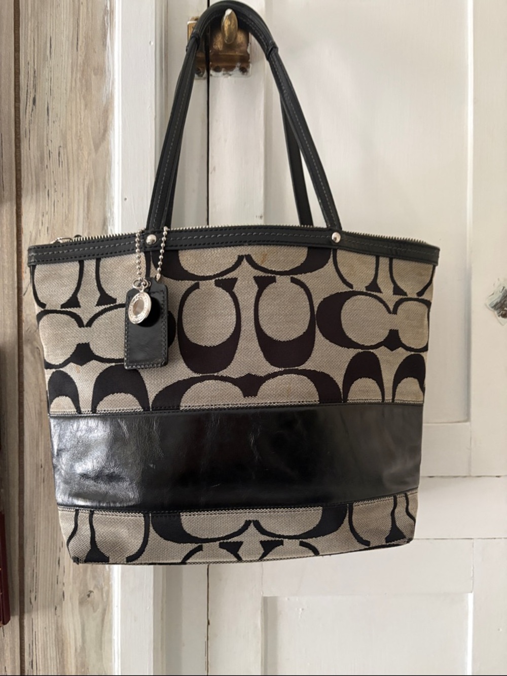 Coach Canvas Signature Tote in Khaki and Black Leather Trim